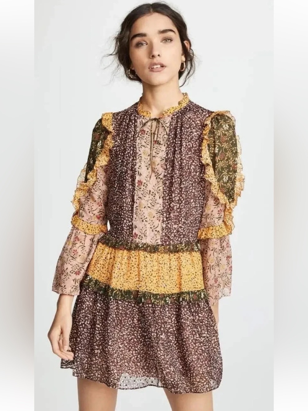 ULLA JOHNSON Essie Boho Patchwork Floral Print Bell Silk Blend Dress 2 EUC